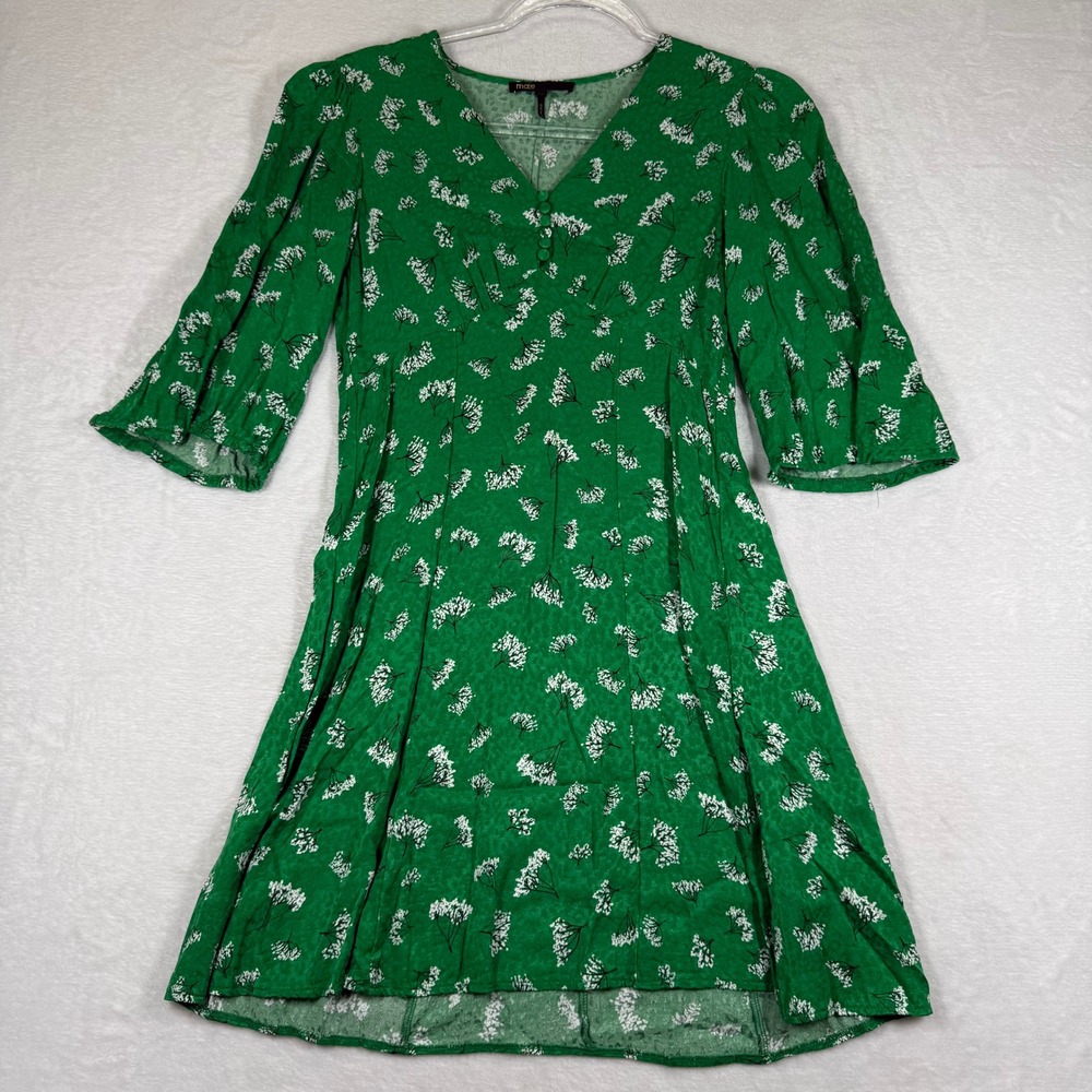 Maje Grosseilles Green Floral Jacquard V-Neck Fit & Flare Dress Size 34 US XS